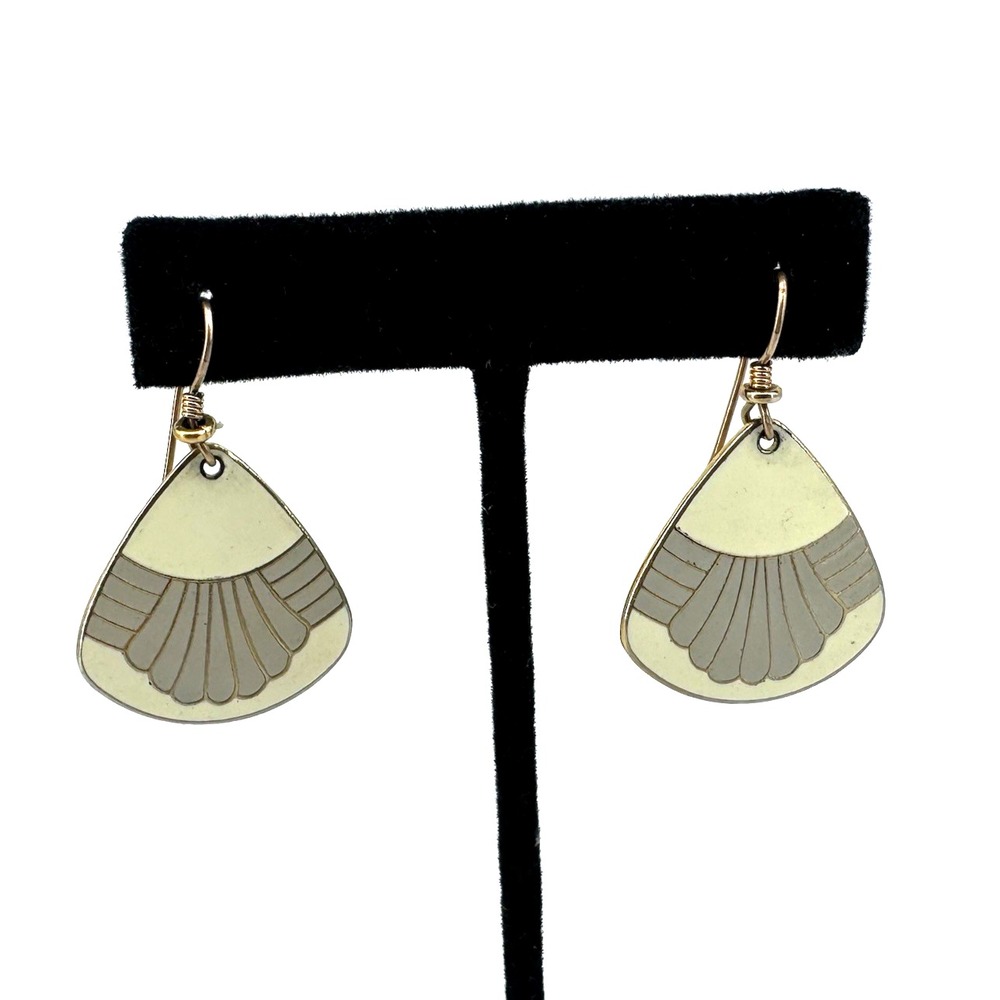 Laurel Burch Vintage Enamel MCM Fan Earrings Cream Gold Gray Coloring